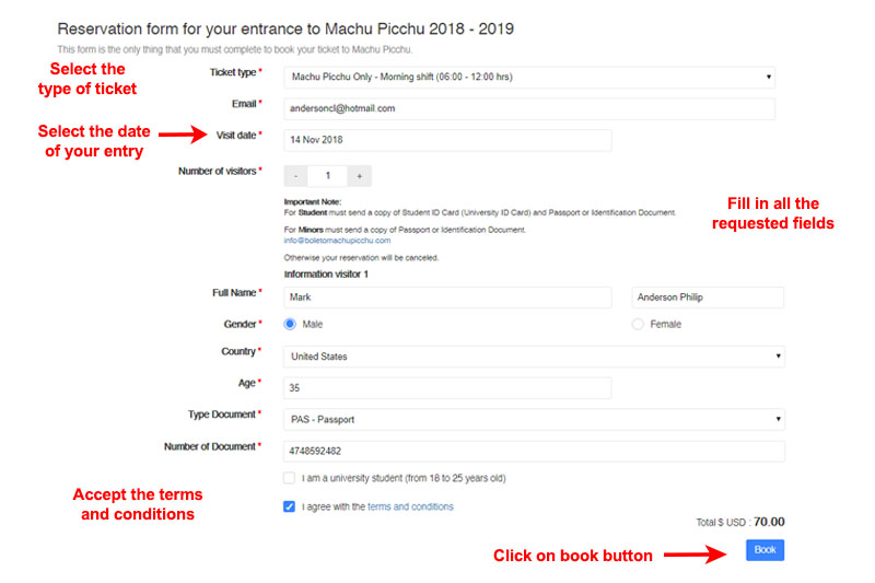 Form to reserve Machu Picchu Machu Picchu ticket reservation form