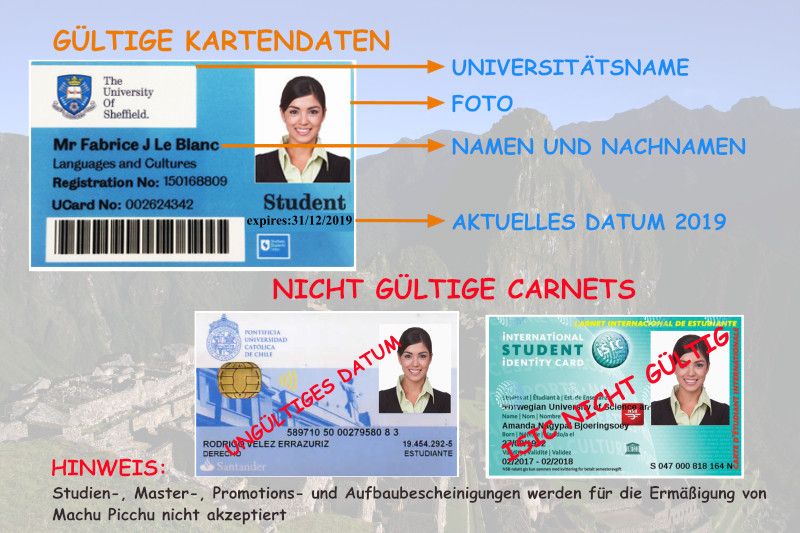 Karte, um das Ticket Machu Picchu mit Studentenrabatt zu reservieren