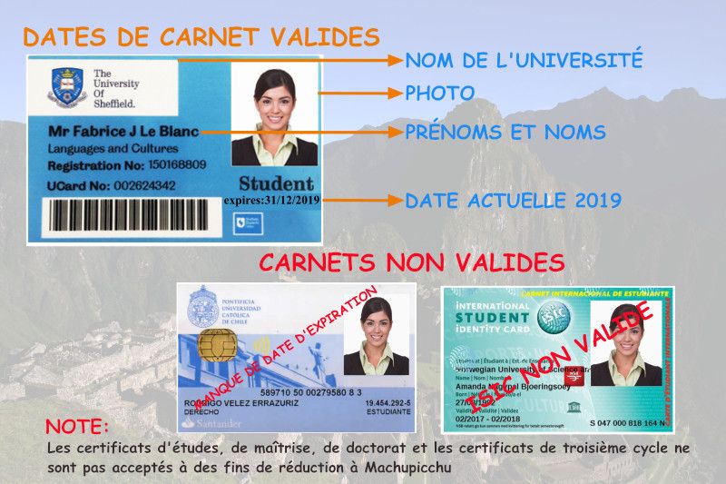 Carte pour réserver le billet Machu Picchu avec réduction étudiante
