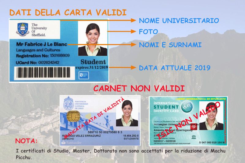 Card per prenotare il biglietto Machu Picchu con sconto per studenti