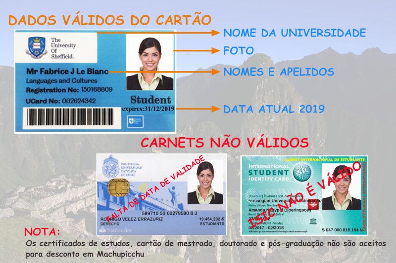 Cartão para reservar o ingresso Machu Picchu com desconto para estudantes