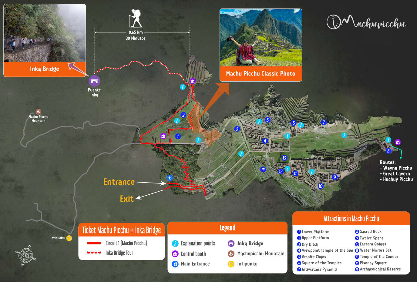 Ticket Map of Machu Picchu + Inca Bridge